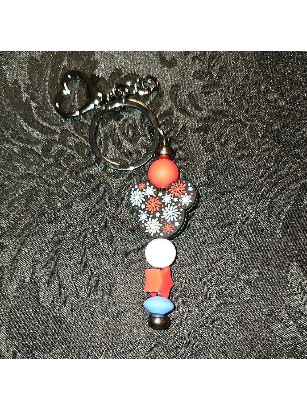 Handmade Red and Blue Beaded Keychain With A Firework Mickey